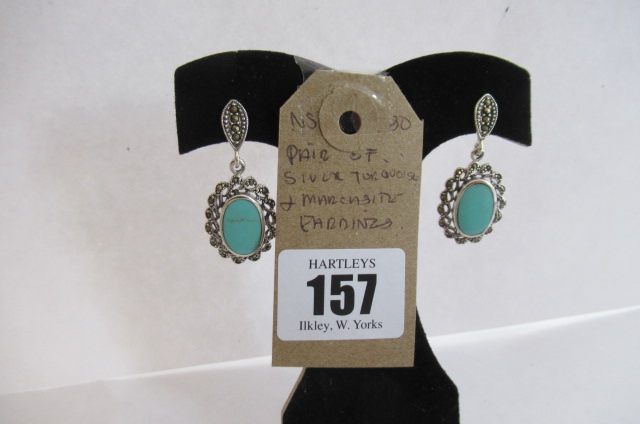 PAIR OF SILVER  TURQUOISE AND MARCASITE EARRINGS Image