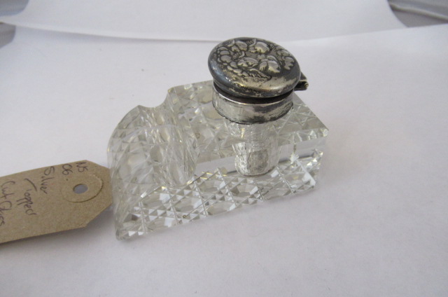 SILVER TOPPED CUT GLASS INK WELL Image