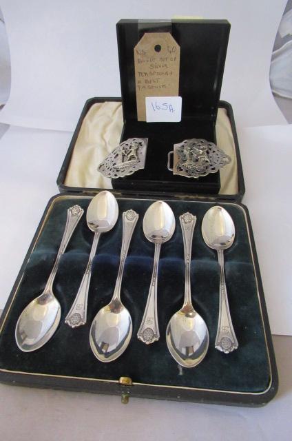BOXED SET OF SILVER TEASPOONS AND A BELT FASTENER Image