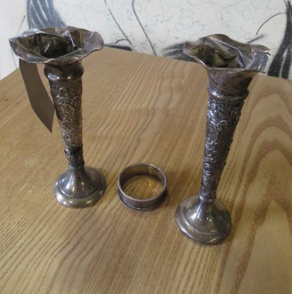 PAIR OF SILVER VASES AND A NAPKIN RING Image