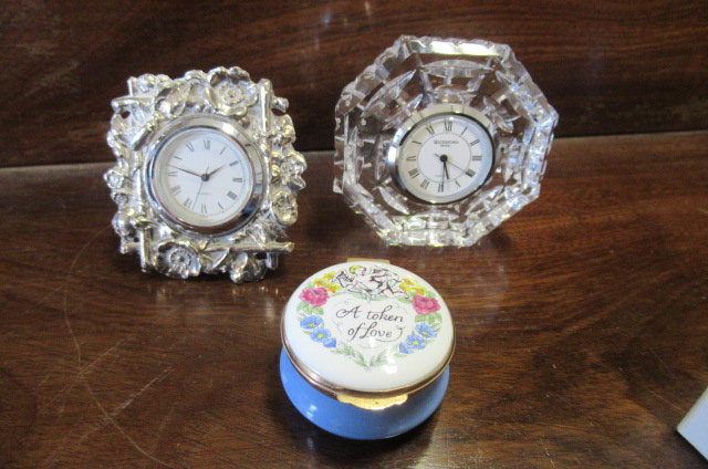 WATERFORD CRYSTAL CLOCK  ANOTHER CLOCK AND AN ENAMEL BOX Image