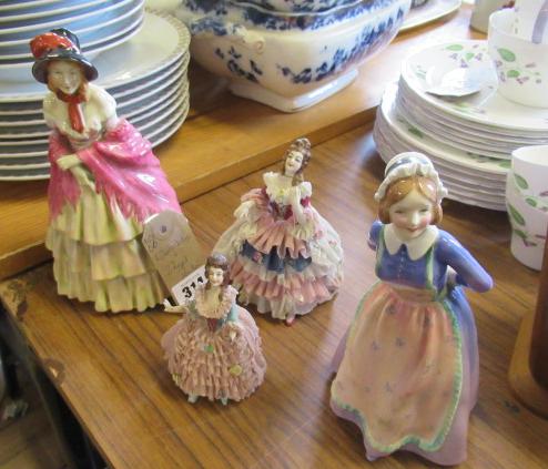 TWO DRESDEN LADIES AND TWO ROYAL DOULTON FIGURES Image