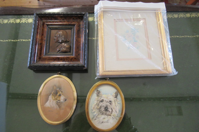 TWO WATERCOLOUR MINIATURE DOG PICTURES INCLUDING LIZT RELIEF AND FLOWER PICTURE Image