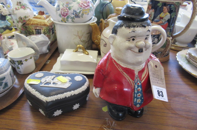 OLIVER HARDY MONEY BOX AND A WEDGWOOD JASPERWARE LIDDED DISH AND COVER Image