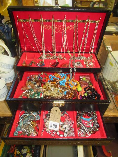 BLACK JEWELLERY BOX AND CONTENTS Image