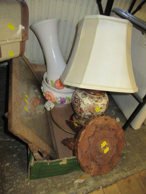 CARVED TRAY, SMALL TABLE, TABLE LAMP AND JARDINIERE Image
