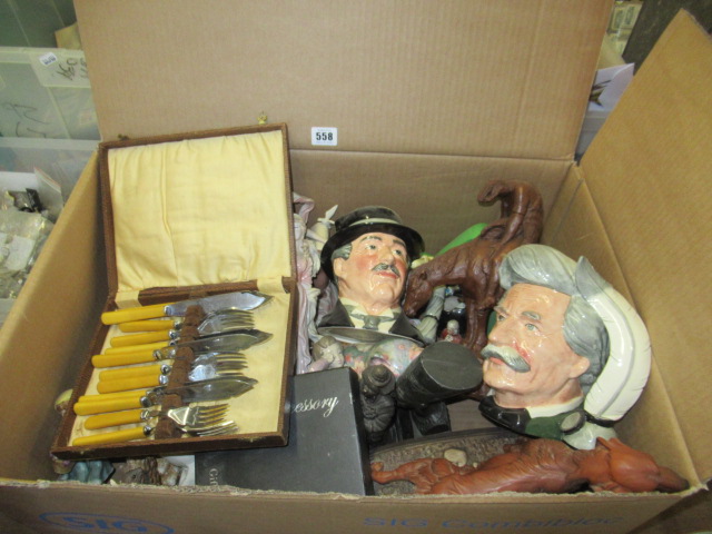 BOX OF CERAMICS INCLUDING WEDGWOOD AND ROYAL DOULTON FIGURES AND A BESWICK PONY Image