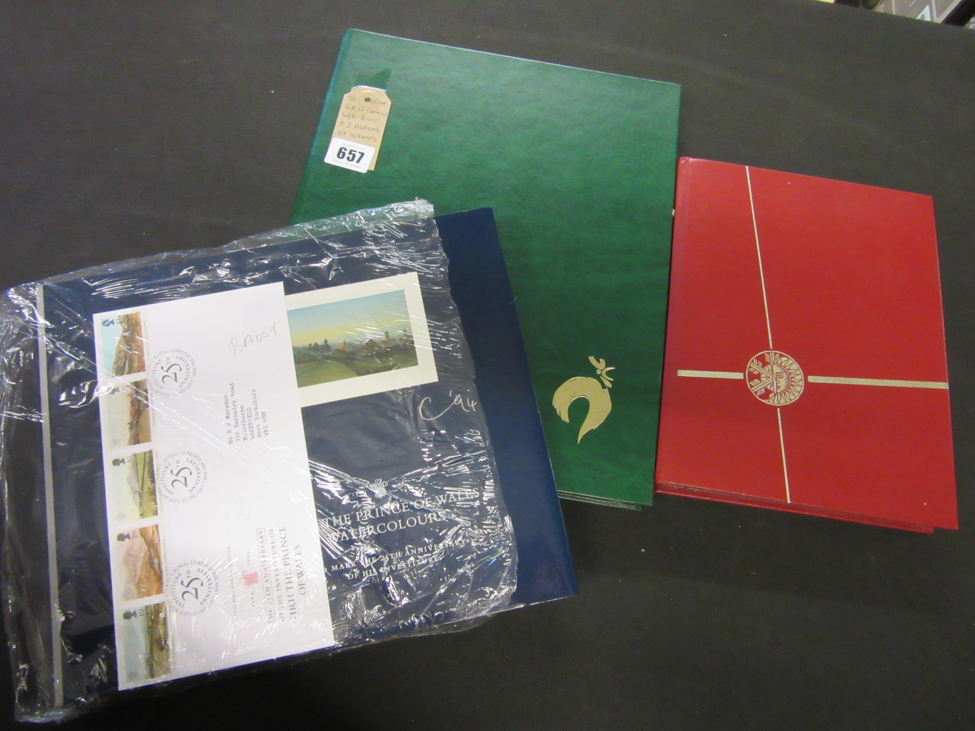 HRH CHARLES WATERCOLOUR BOOK WITH TWO ALBUMS OF STAMPS Image