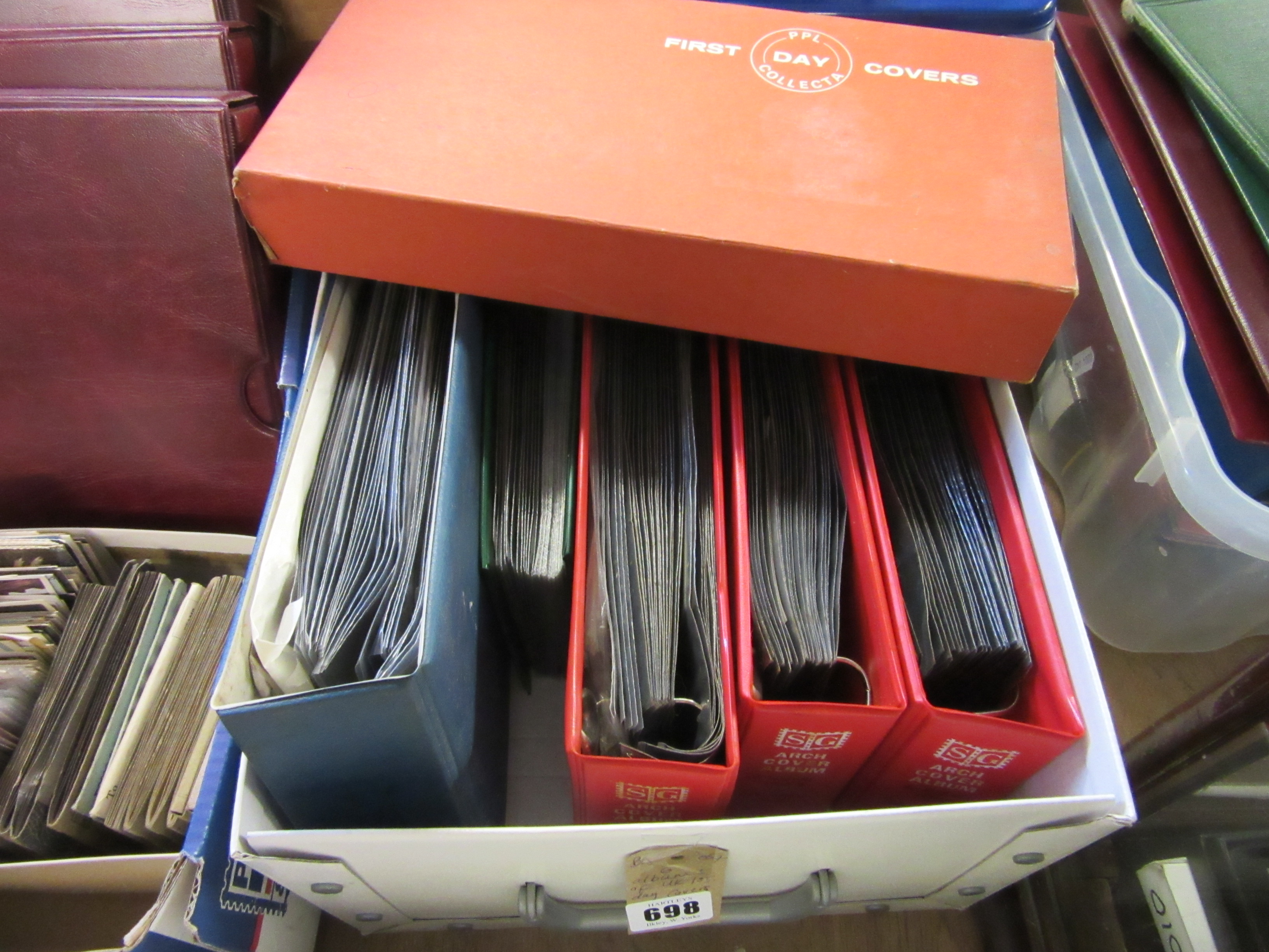 BOX OF STAMP ALBUMS, FIRST DAY COVERS AND LOOSE STAMPS Image