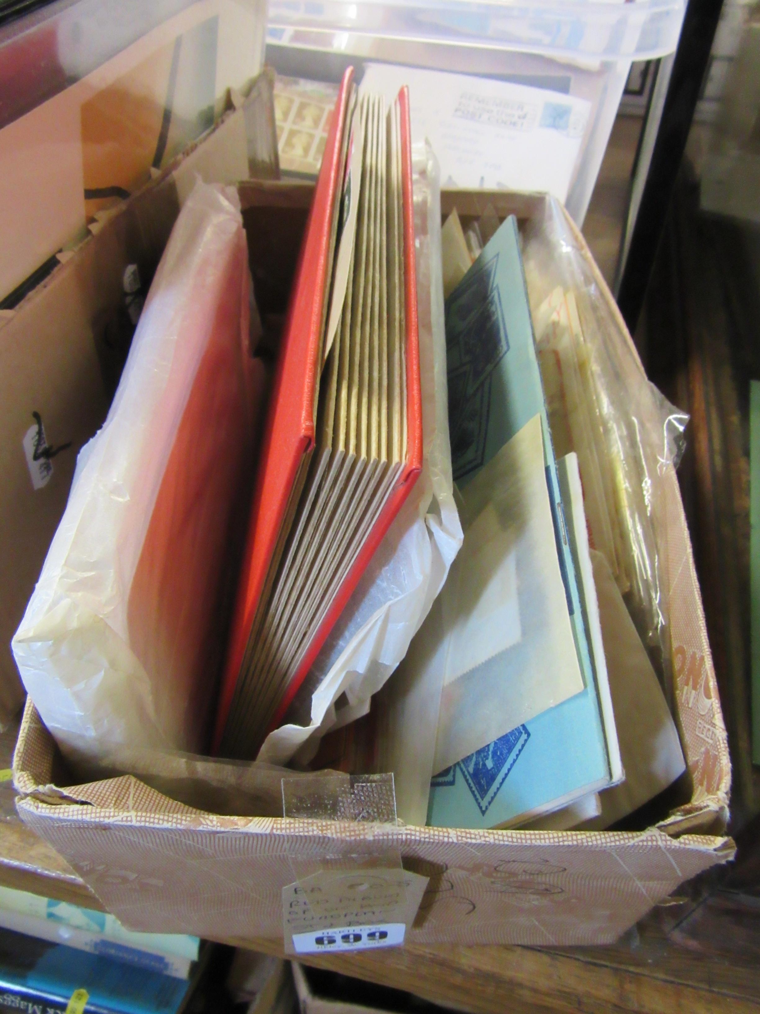 RED ALBUM OF UK AND EUROPEAN STAMPS WITH A BOX OF LOOSE STAMPS Image