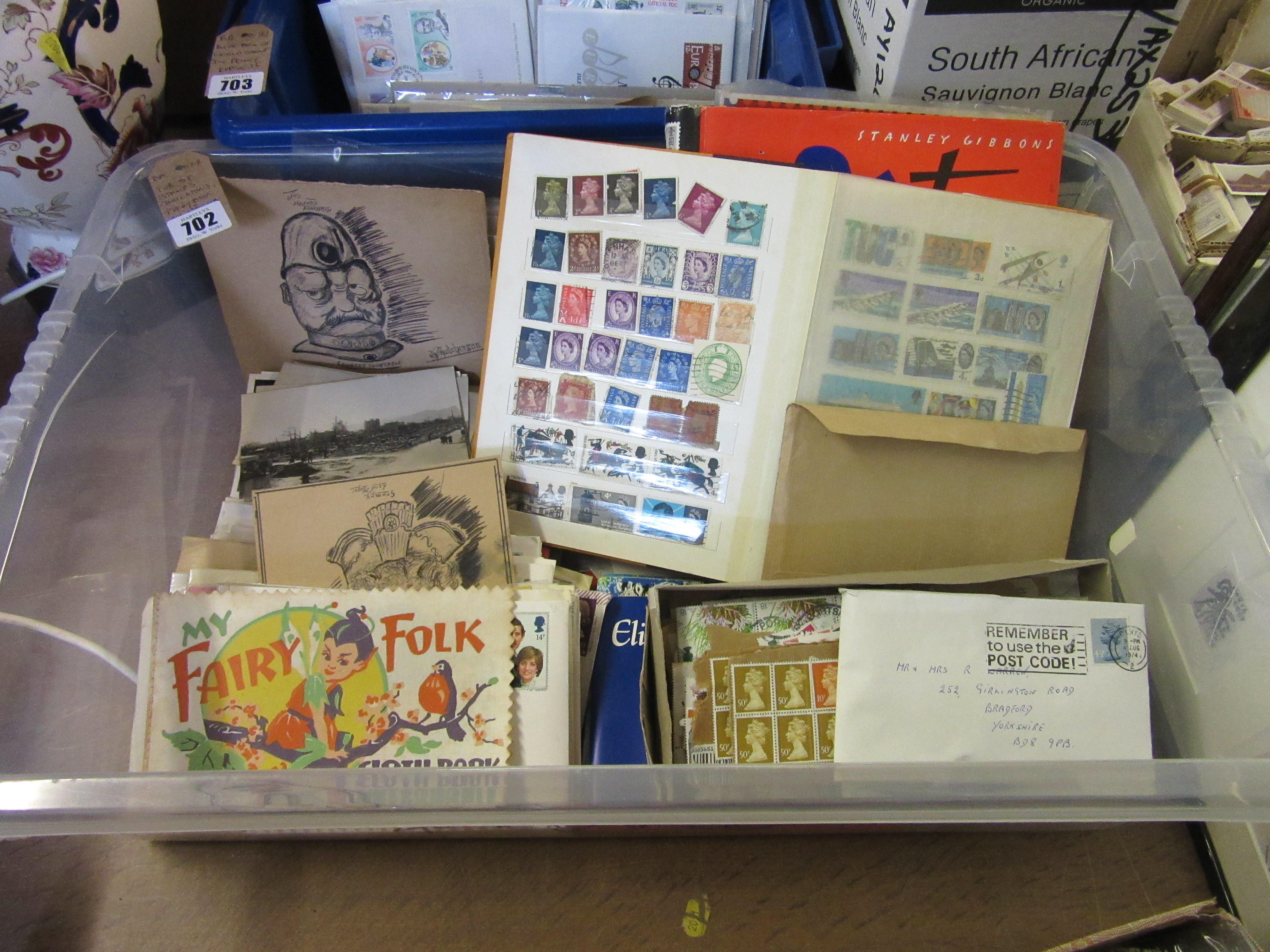 TUB OF STAMPS, CARICATURES, FAIRY BOOK WITH HIROSHIMA POSTCARDS Image