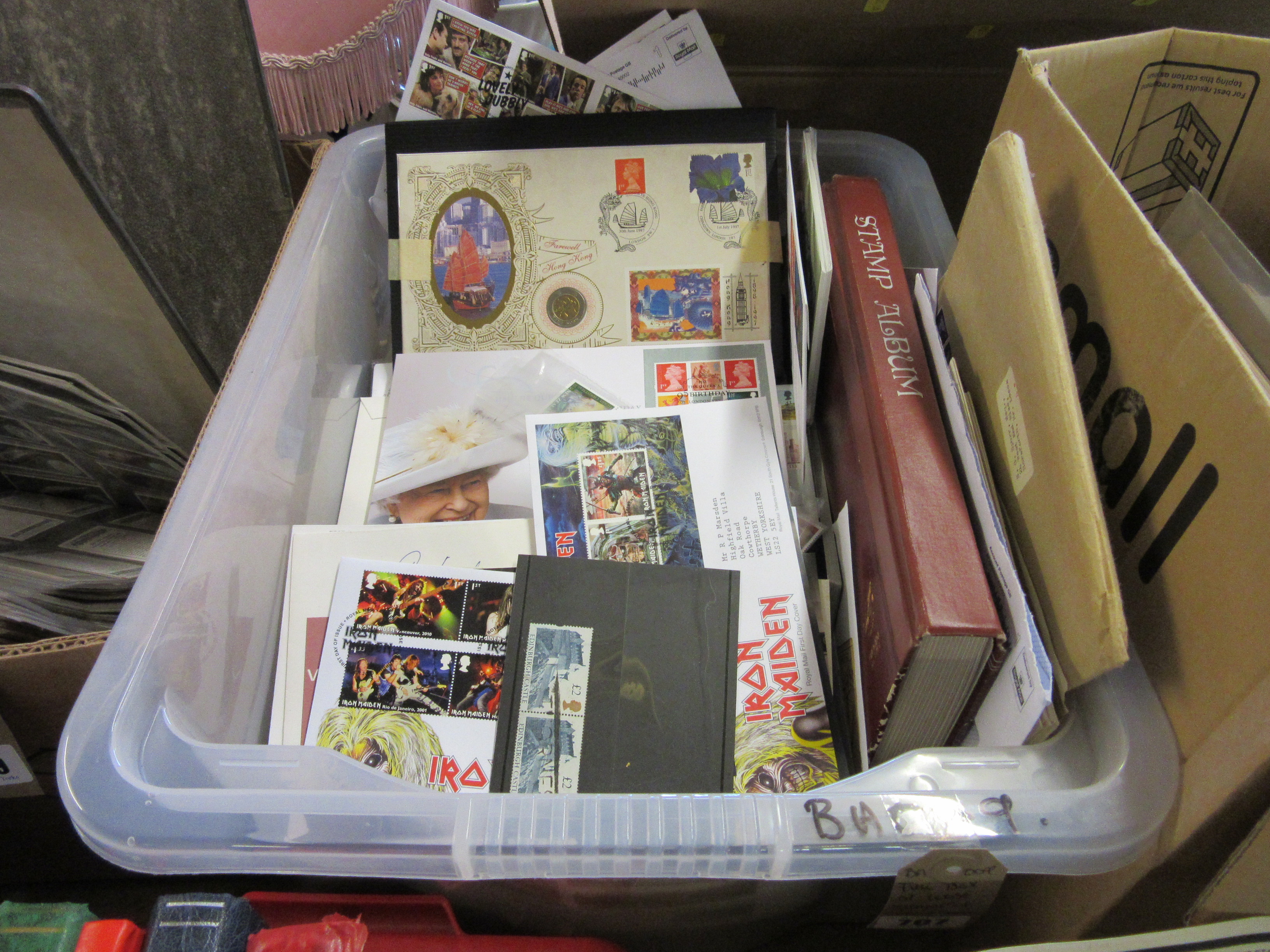 FULL BOX OF LOOSE STAMPS WITH COIN AND STAMP FIRST DAY COVERS ETC Image