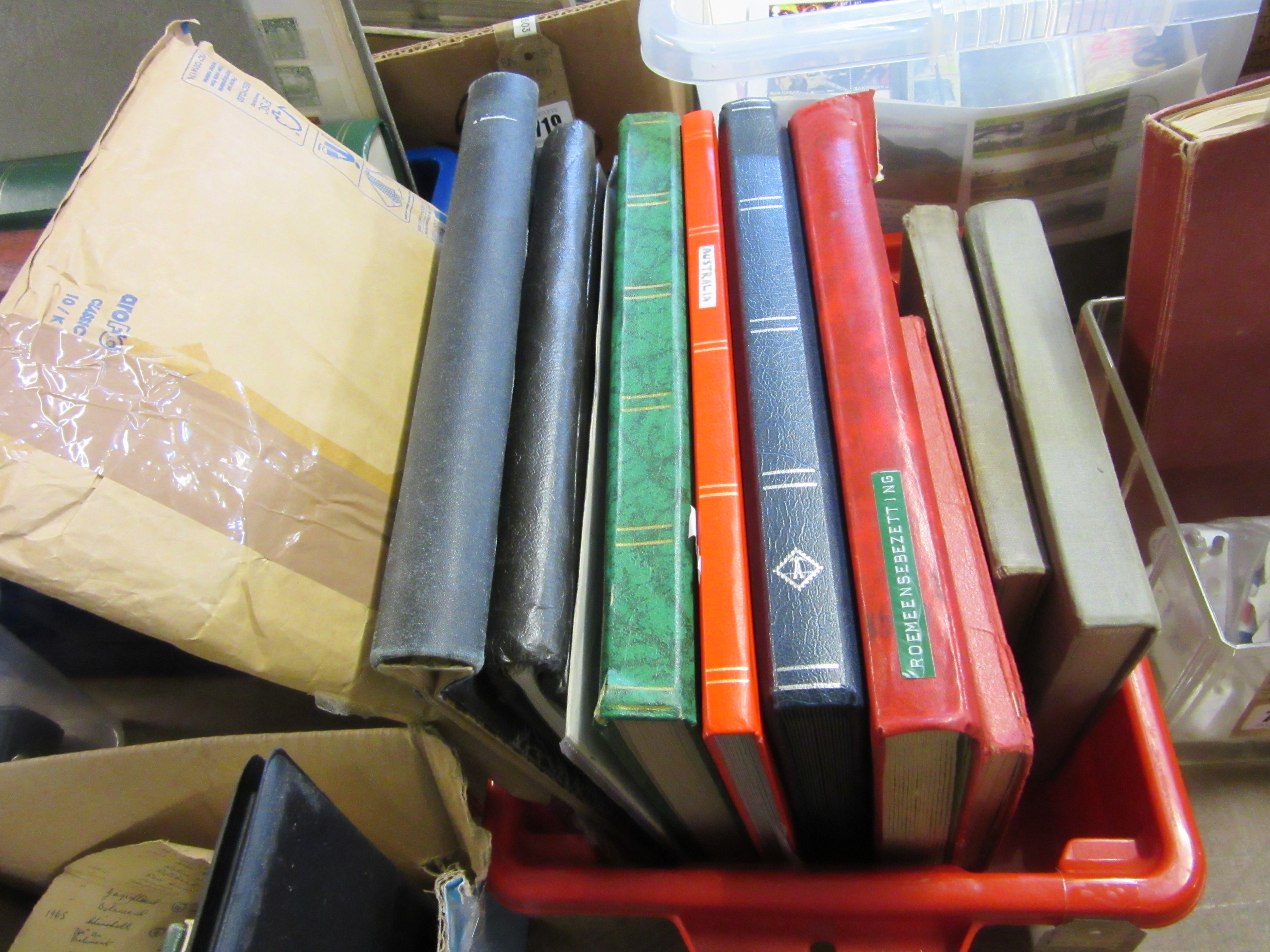 RED BOX OF MIANLY EUROPEAN ALBUMS OF STAMPS Image