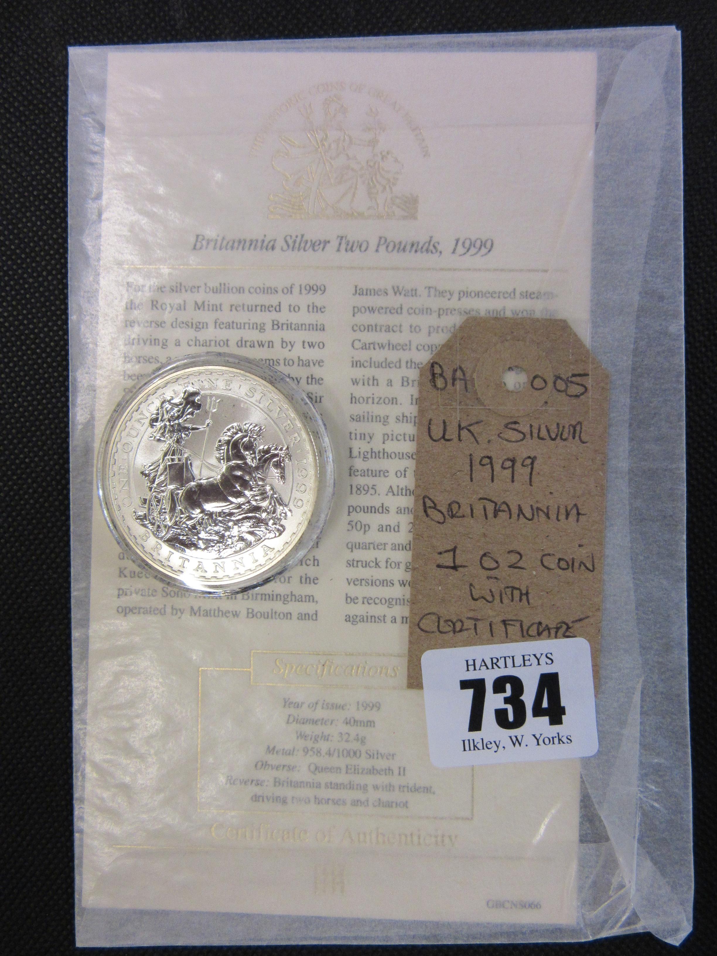 UK SILVER 1999 BRITANNIA 1 OUNCE COIN WITH CERTIFICATE Image