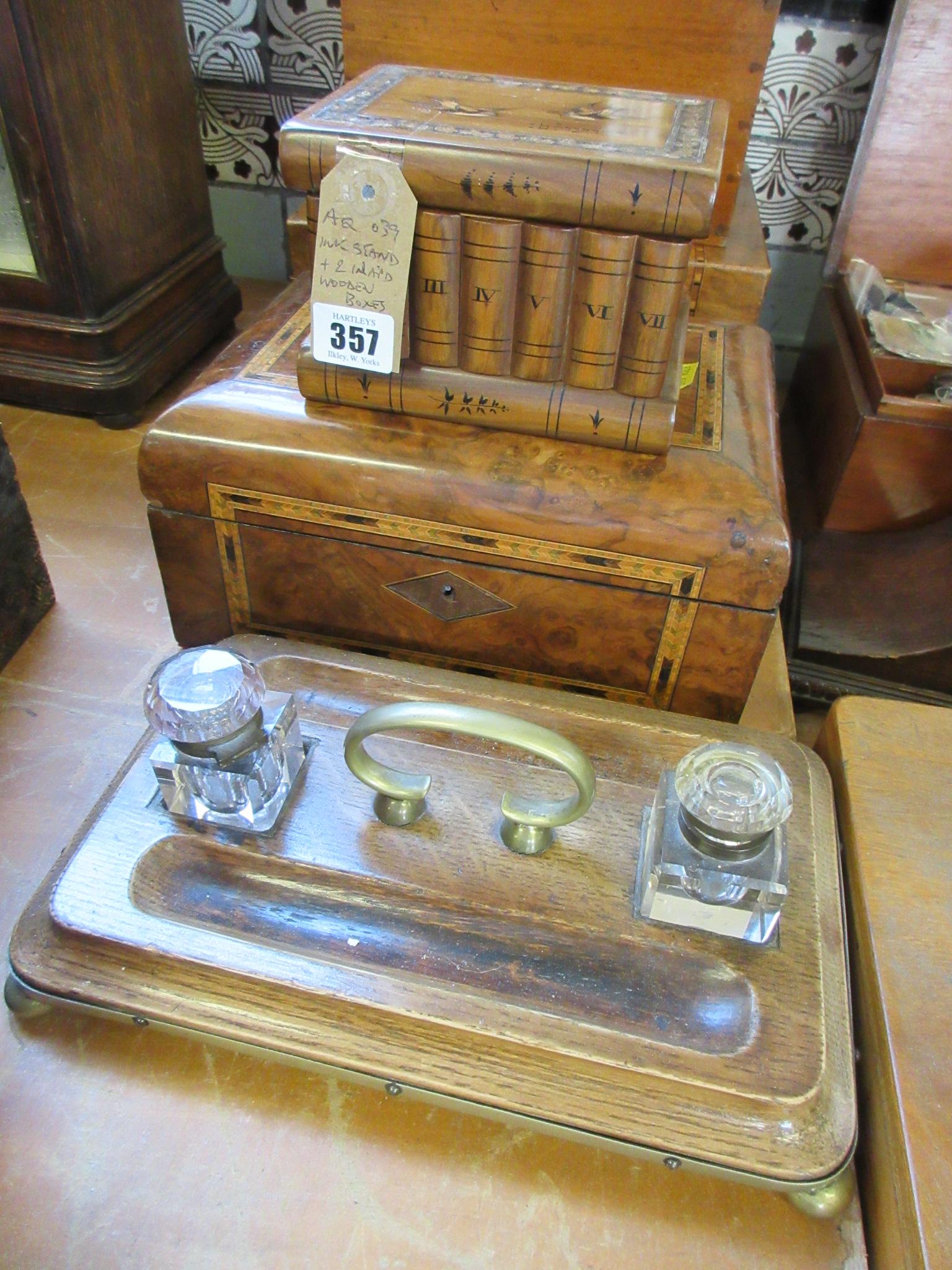 INK STAND AND TWO INLAID WOODEN BOXES Image