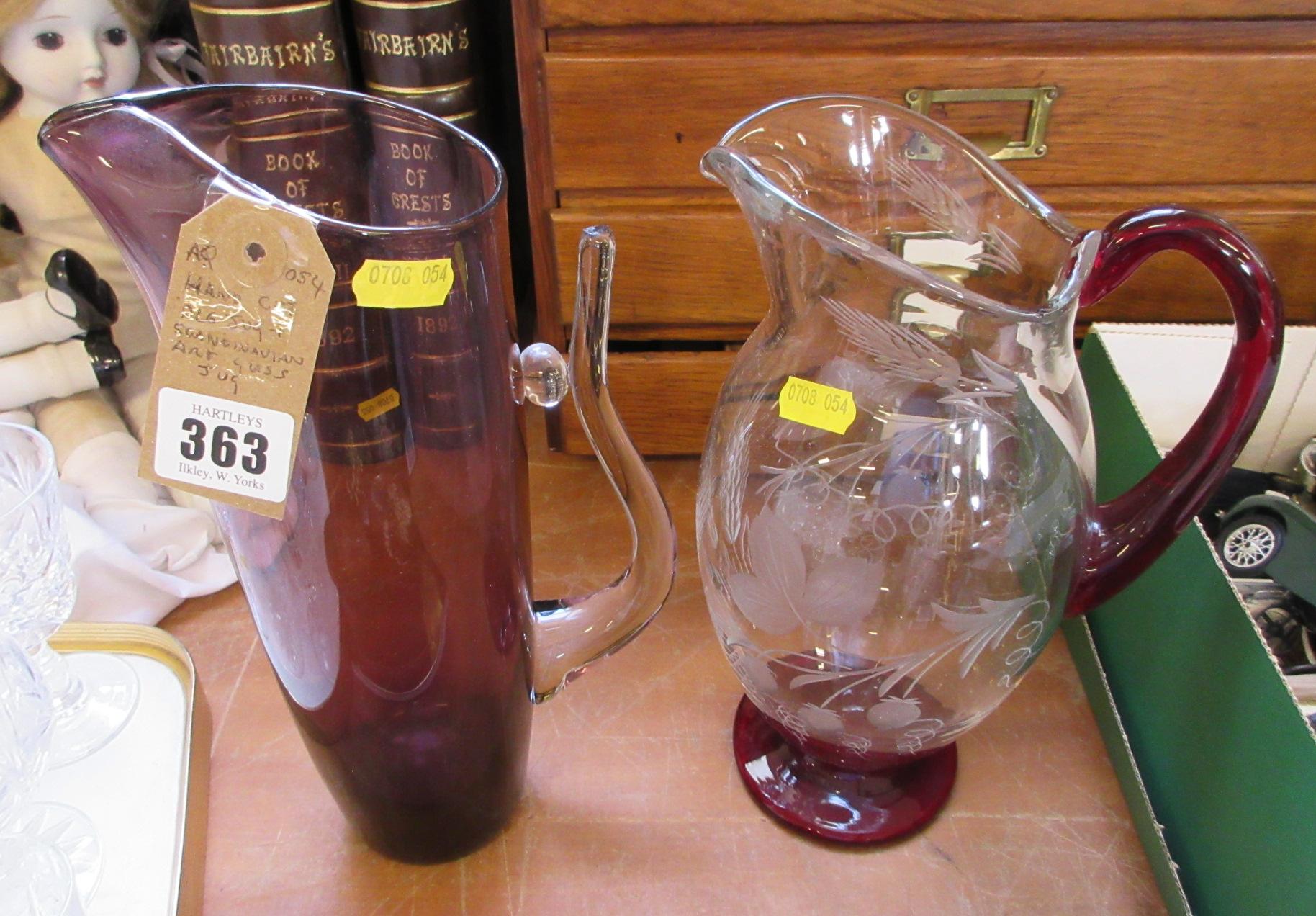 HAND CUT ALE JUG AND SCANDINAVIAN ART GLASS JUG Image