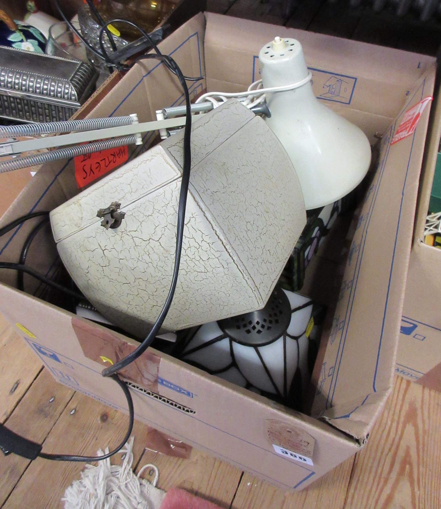 BOX OF LAMPS INCLUDING TIFFANY STYLE SHADE AND A JEWELLERY BOX Image