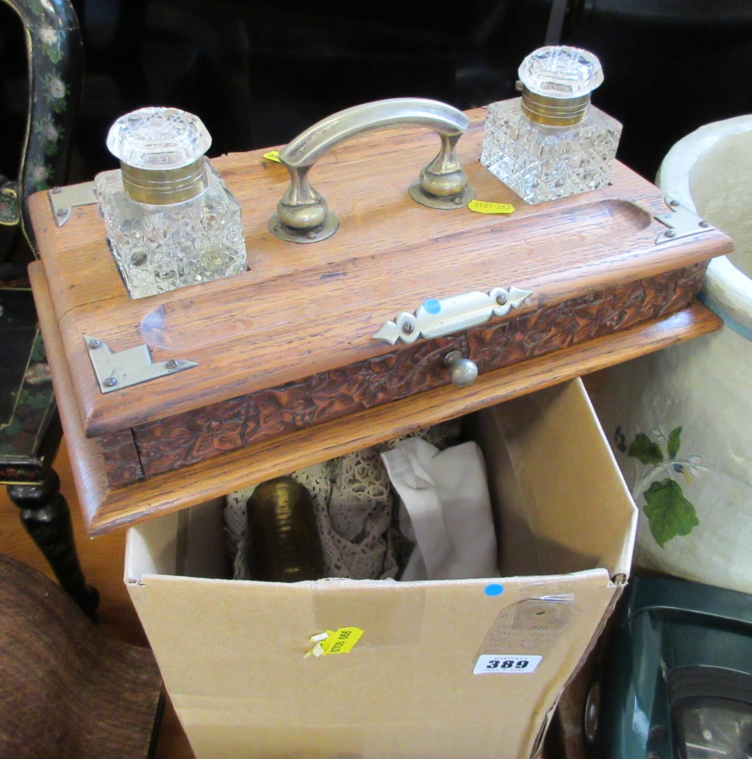OAK BRASS BOUND INK STAND AND A BOX OF LACE Image