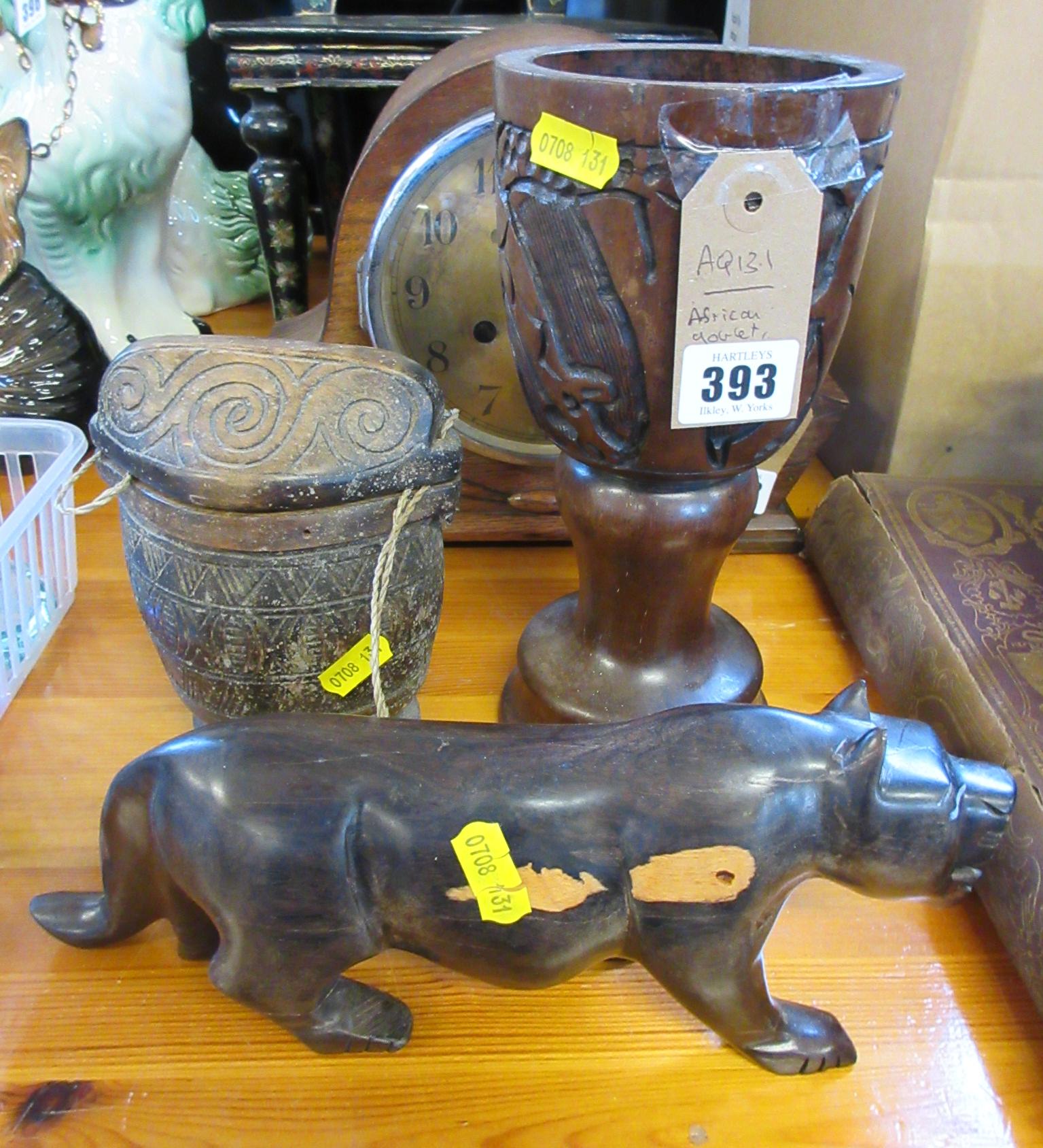 AFRICAN GOBLET LION CARVING  AND FOOD CANISTER Image