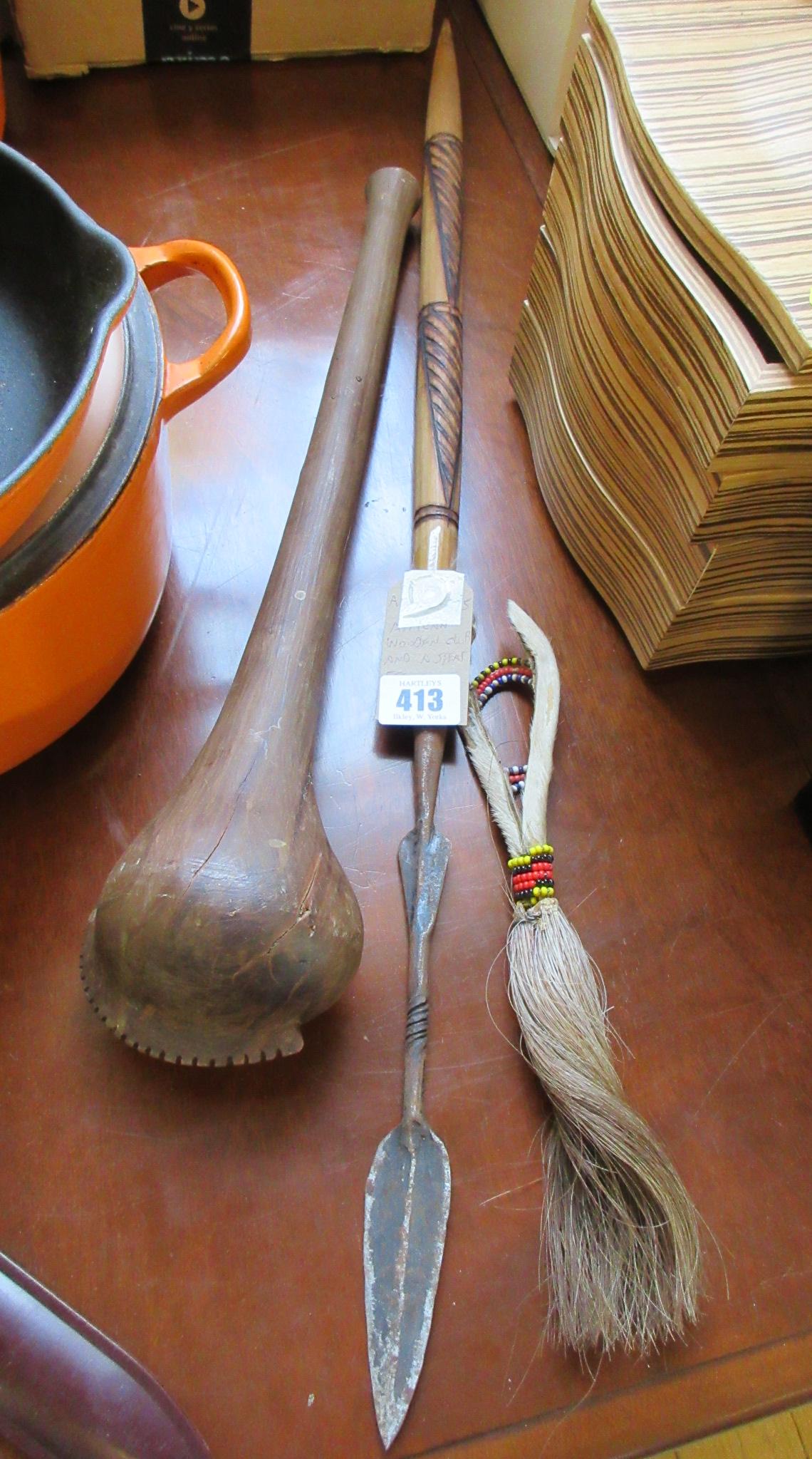 AFRICAN WOODEN CLUB AND SPEAR ETC Image