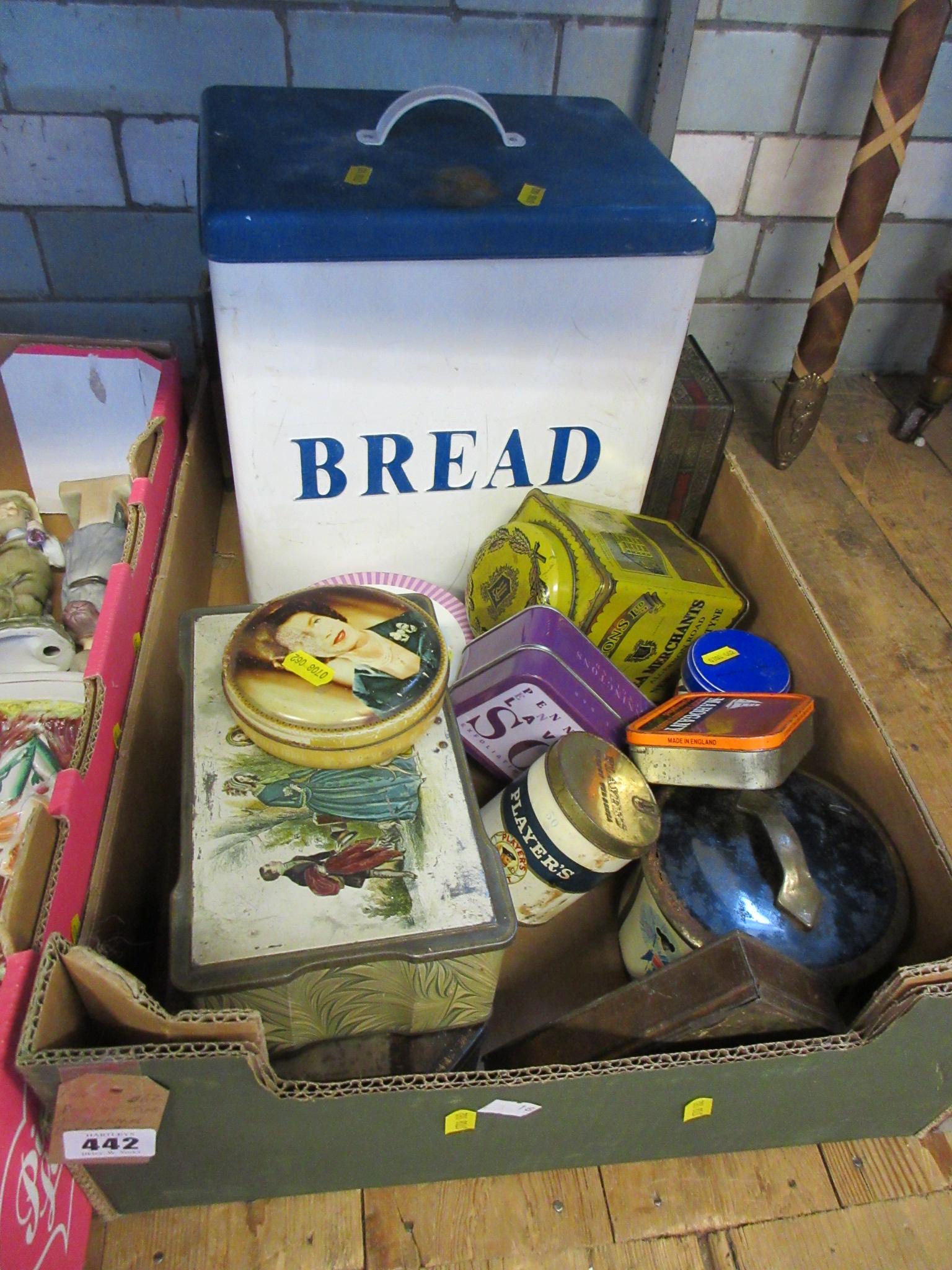 BOX OF TINS AND ENAMEL BREAD BIN Image