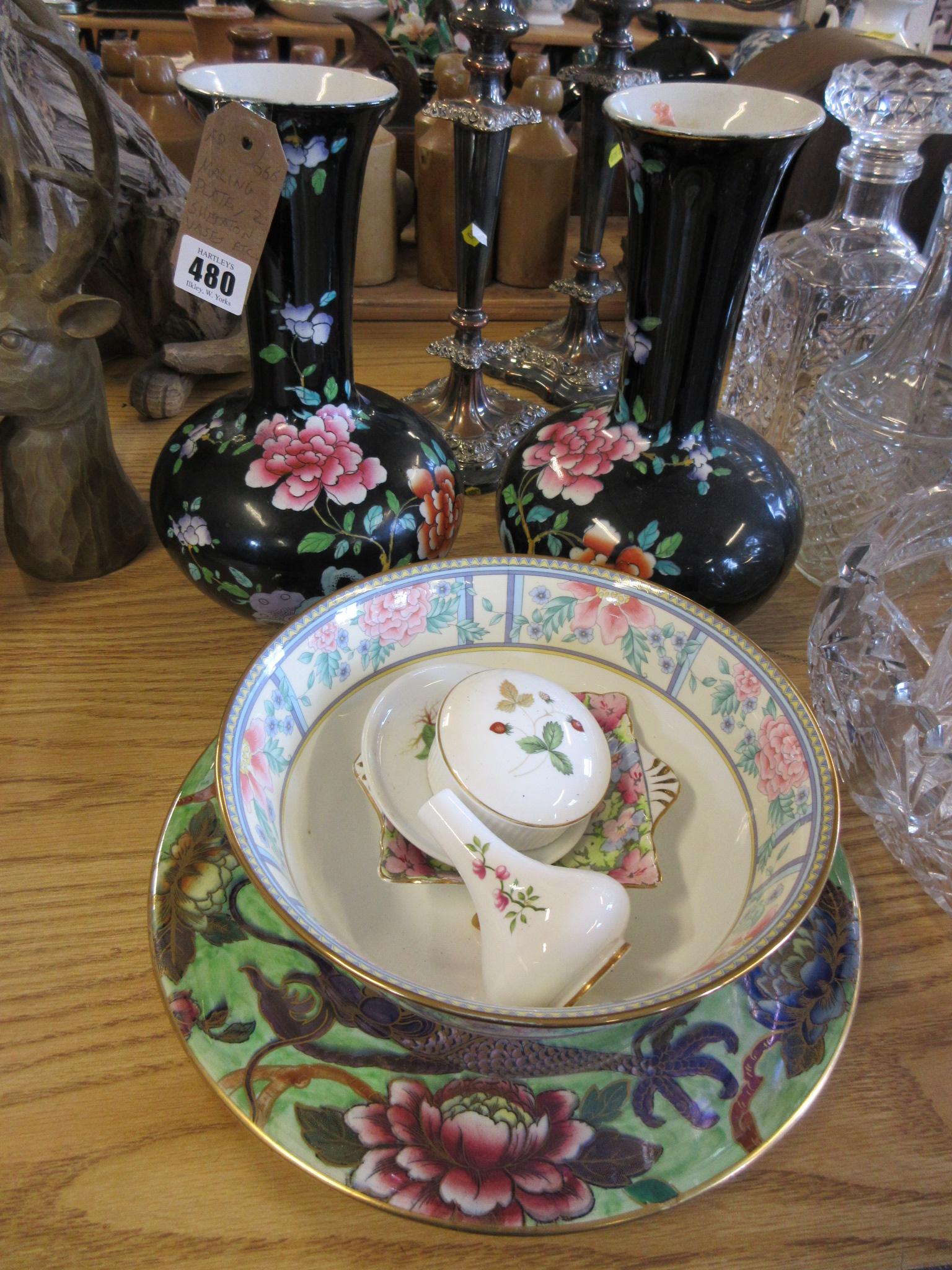 MALING PLATE AND TWO SHERATON VASES Image