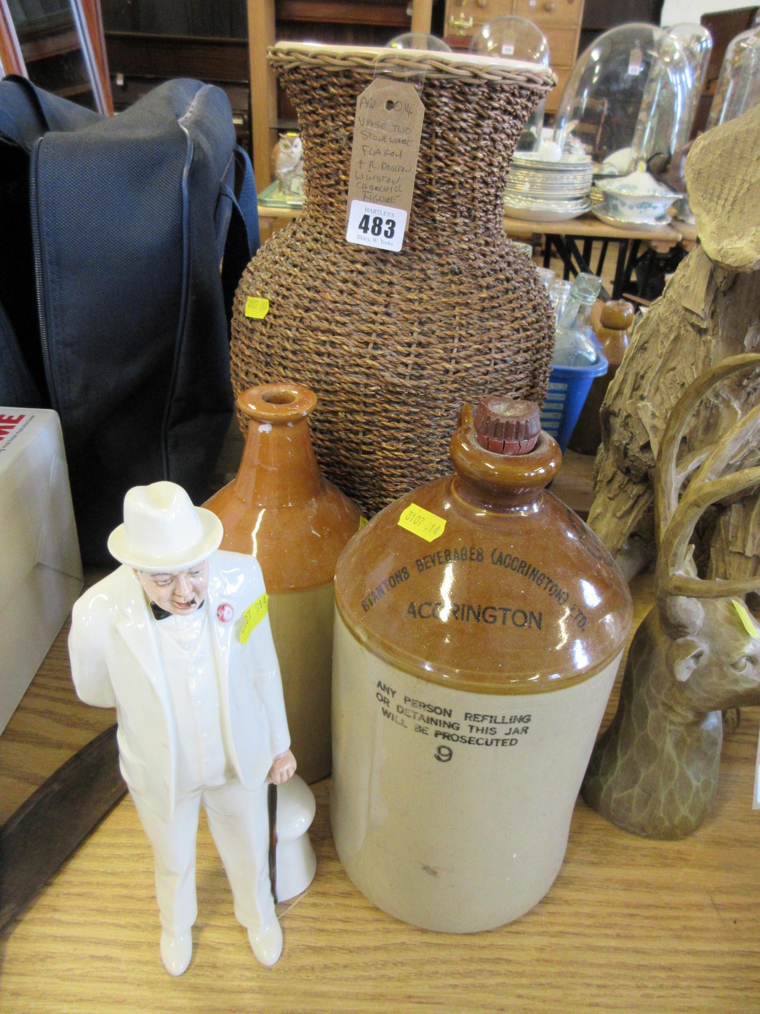 VASE TWO STONEWARE FLAGONS AND ROYAL DOULTON WINSTON CHURCHILL FIGURE Image