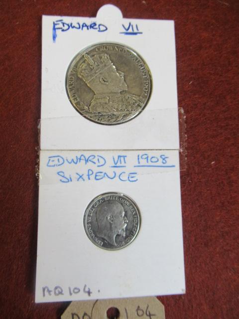SILVER 1908 SIXPENCE AND CORONATION MEDAL Image