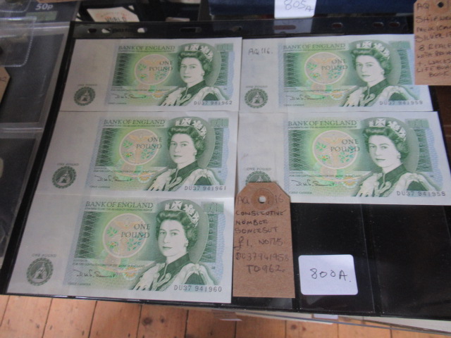 CONSECUTIVE NUMBERED SOMERSET £1 NOTES DU37941 1958 TO 962 Image
