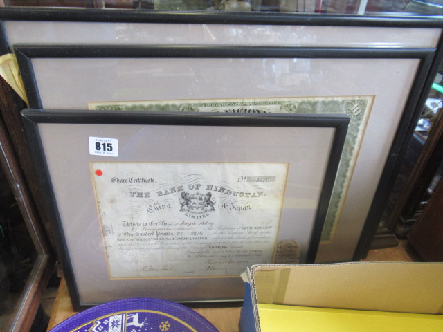 BANK OF HINDUSTAN CHINA AND JAPAN LIMITED £100 SHARE CERTIFICATE DATED 1863 AND TWO MEXICAN RAILWAY Image