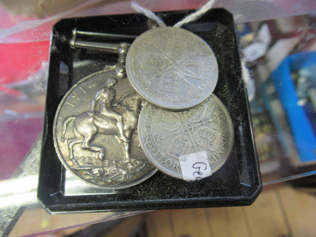 SILVER WWI MEDAL AND TWO KING GEORGE V FLORINS Image