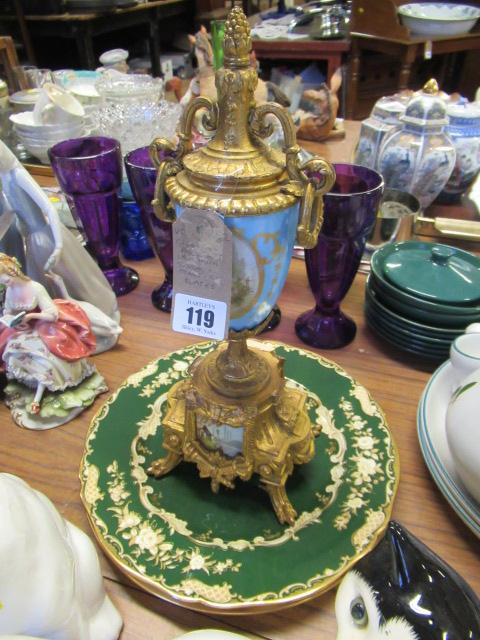 GILDED PORCELAIN URN WITH SPODE AND COALPORT PLATES Image