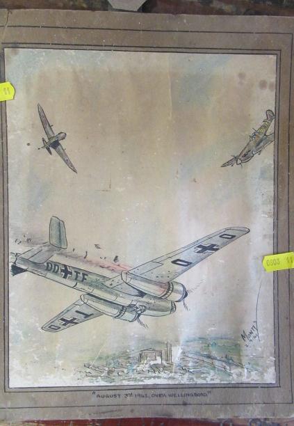 WW II WATERCOLOUR OF A DOGFIGHT OVER WELLINGBROUGH Image