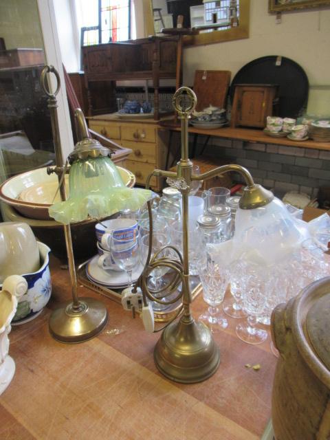 TWO BRASS LAMPS WITH VASELINE GLASS SHADES Image