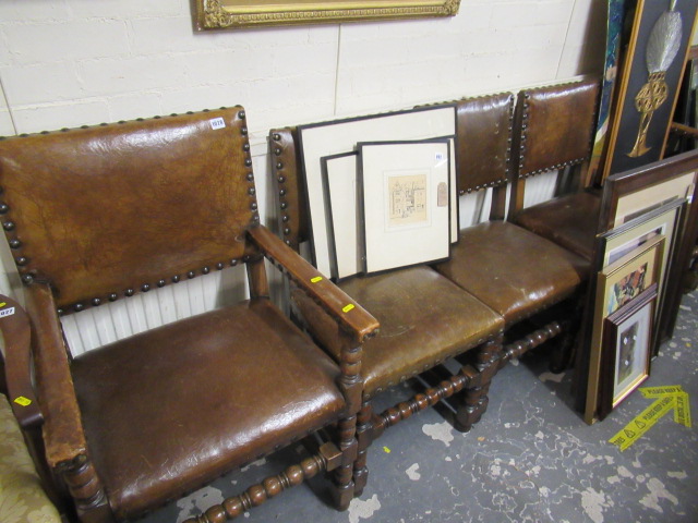 SET OF SIX LEATHER AND OAK DINING CHAIRS INCLUDING TWO CARVERS Image
