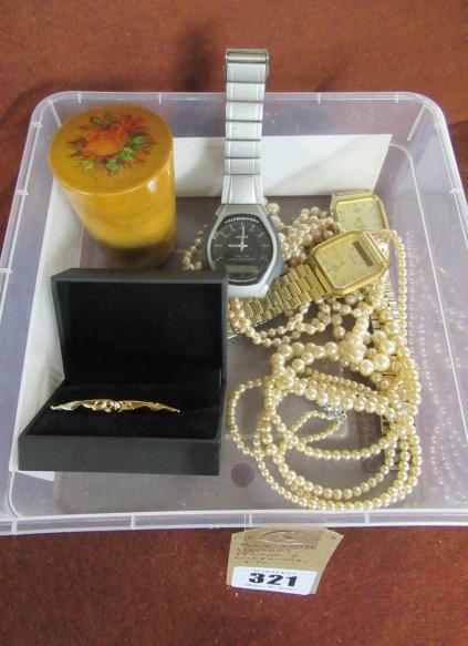 BOX OF WATCHES  PEARLS  CUFF LINKS ETC Image