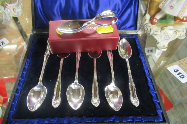 SET OF SIX SILVER PLATED TEA SPOON AND A BOXED BABY FEEDING SPOON Image