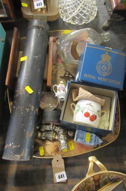 TRAY OF MISCELLANEOUS INCLUDING SMALL SUN DIAL AND METAL DOCUMENT TUBE Image