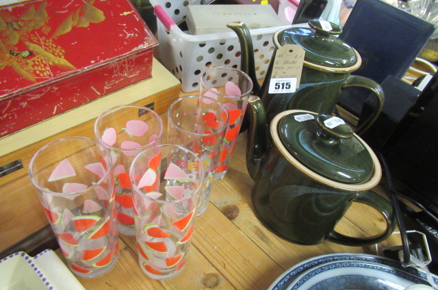 TWO DENBY TEAPOTS AND FIVE VINTAGE GLASSES Image