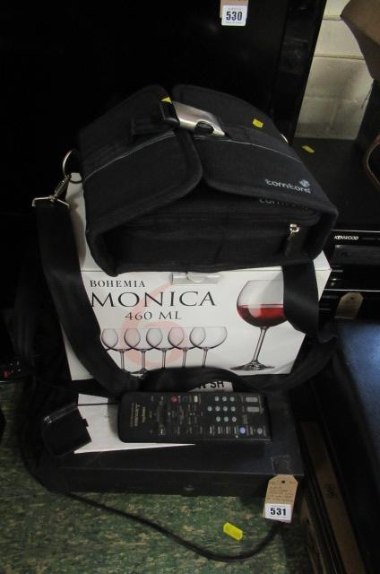 VIDEO RECORDER AND REMOTE WITH SAT NAV AND BOX OF WINE GLASSES Image
