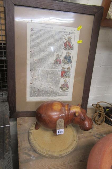 CARVED HIPPO   BREADBOARD AND FRAMED MANUSCRIPT Image