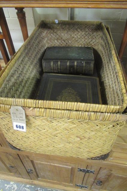 TWO REED BASKETS   FAMILY BIBLE AND TWO ANTIQUE BOOKS Image
