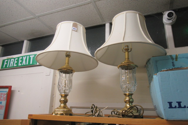 PAIR GLASS AND BRASS LAMPS WITH SHADES Image
