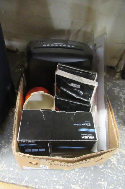 BOX OF MISCELLANEOUS INCLUDING LE CREUSET AND PAPER SHREDDER ETC Image