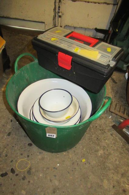 TRUG OF METAL ENAMELLED PLATES ETC Image