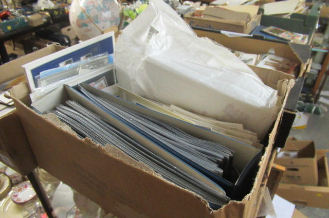 BOX OF COMMEMORATIVE STAMPS    FIRST DAY COVERS AND TWO ALBUMS Image