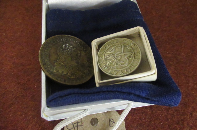 GEORGE III   THREE SHILLING BANK TOKEN AND A WW2 BADGE Image