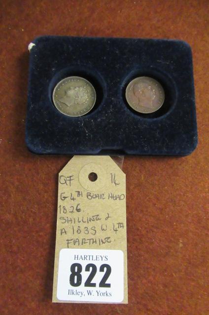 GEORGE IV BEAR HEAD 1826 SHILLING AND A 1835 FARTHING Image