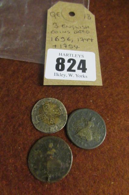 THREE ENGLISH COINS DATED 1696  1744 AND 1754 Image