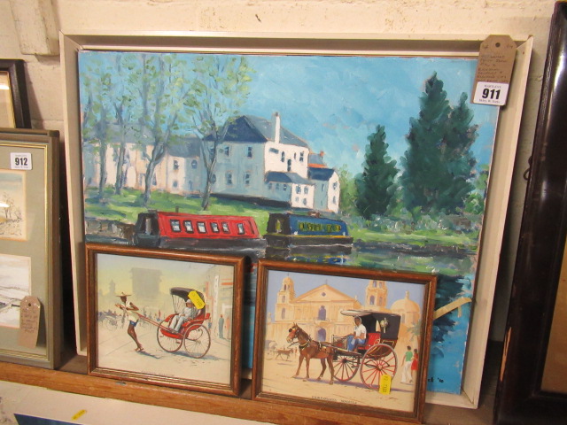 UNFRAMED COLIN JACK OIL   TWO RICKSHAW PAINTINGS AND BRADFORD CITY TEAM PHOTO 1969 Image